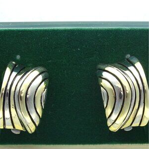 Vintage Janku Two-Tone Silver & Gold Clip-On Earrings Striped Design Retro Jewel